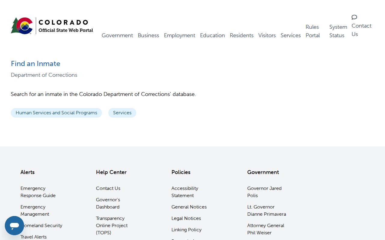 Colorado state locate inmate service page for DOC inmate searches