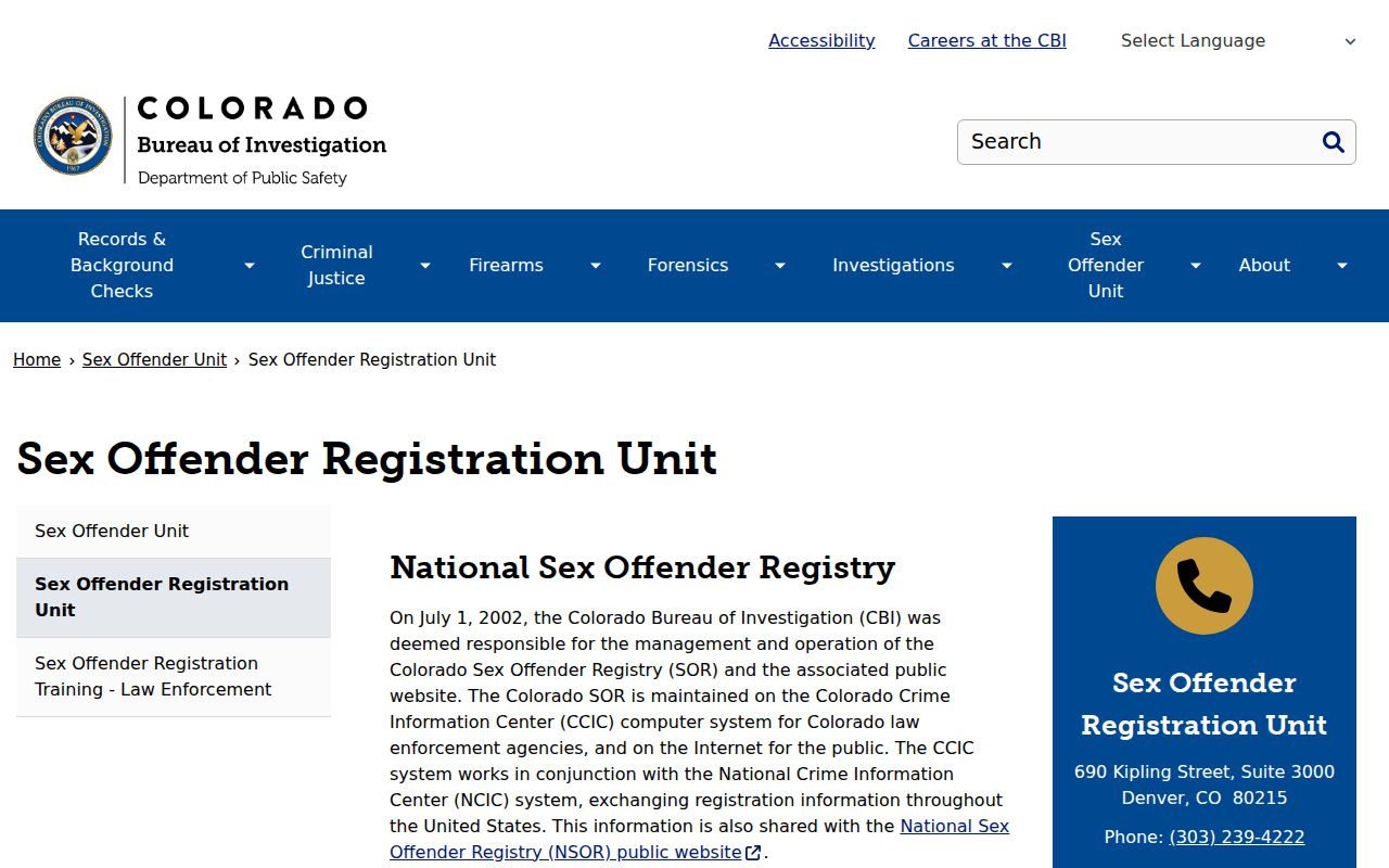 Colorado Bureau of Investigation Sex Offender Registration Unit information page