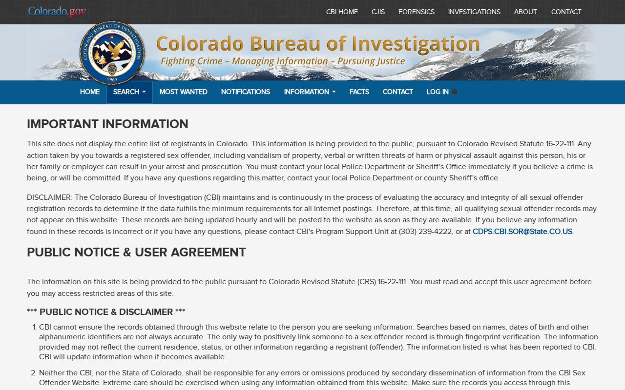 Colorado sex offender registry search agreement page for public registry searches