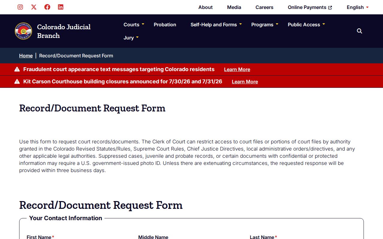Teller County court records record document request form