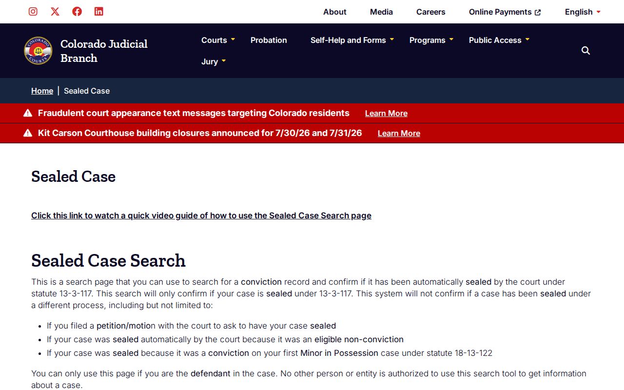 Colorado Judicial Branch sealed case search for automatic conviction sealing checks