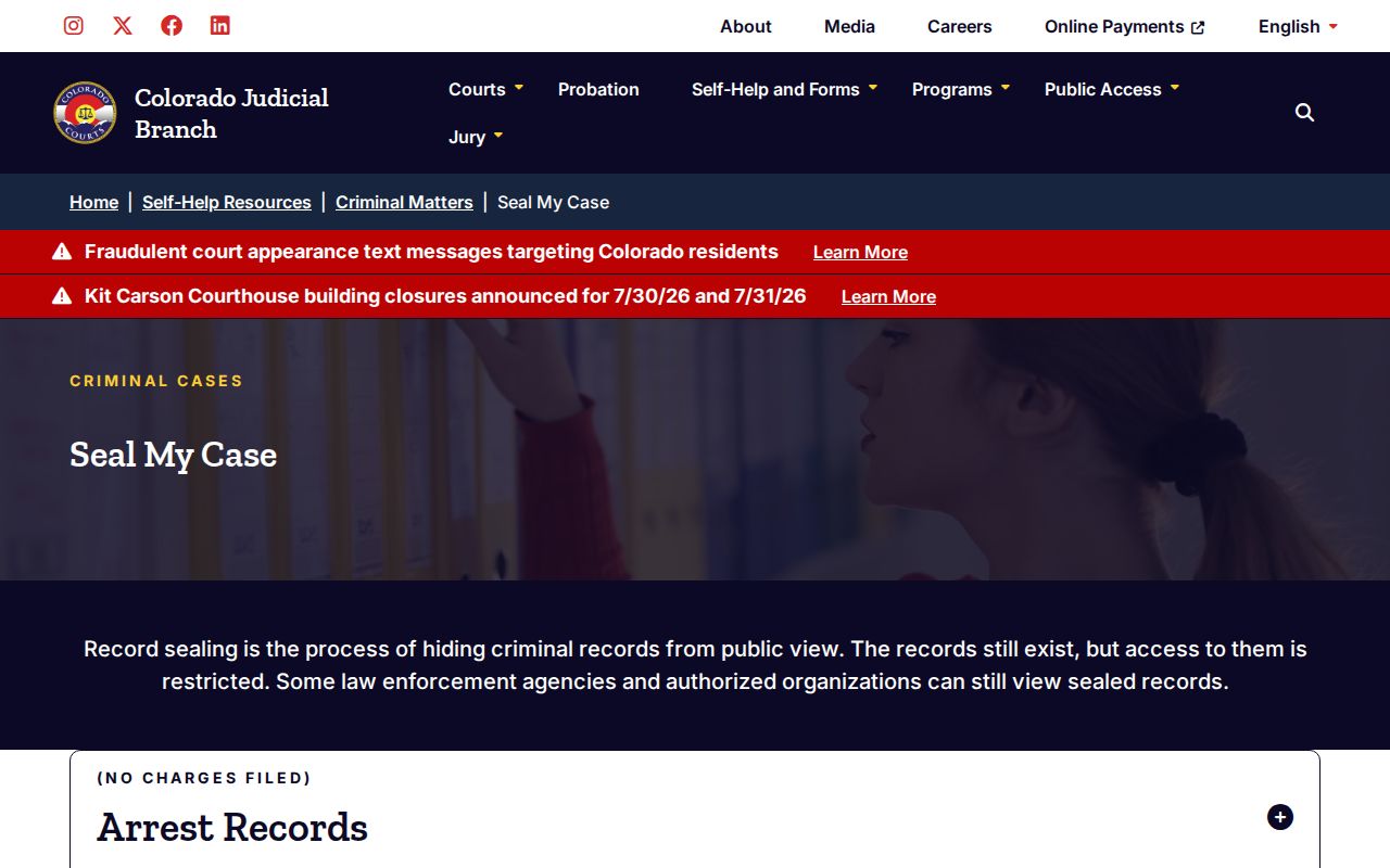 Colorado Judicial Branch Seal My Case self-help page for criminal record sealing