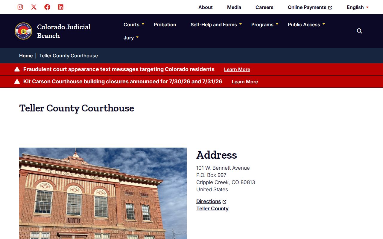 Teller County court records courthouse location page