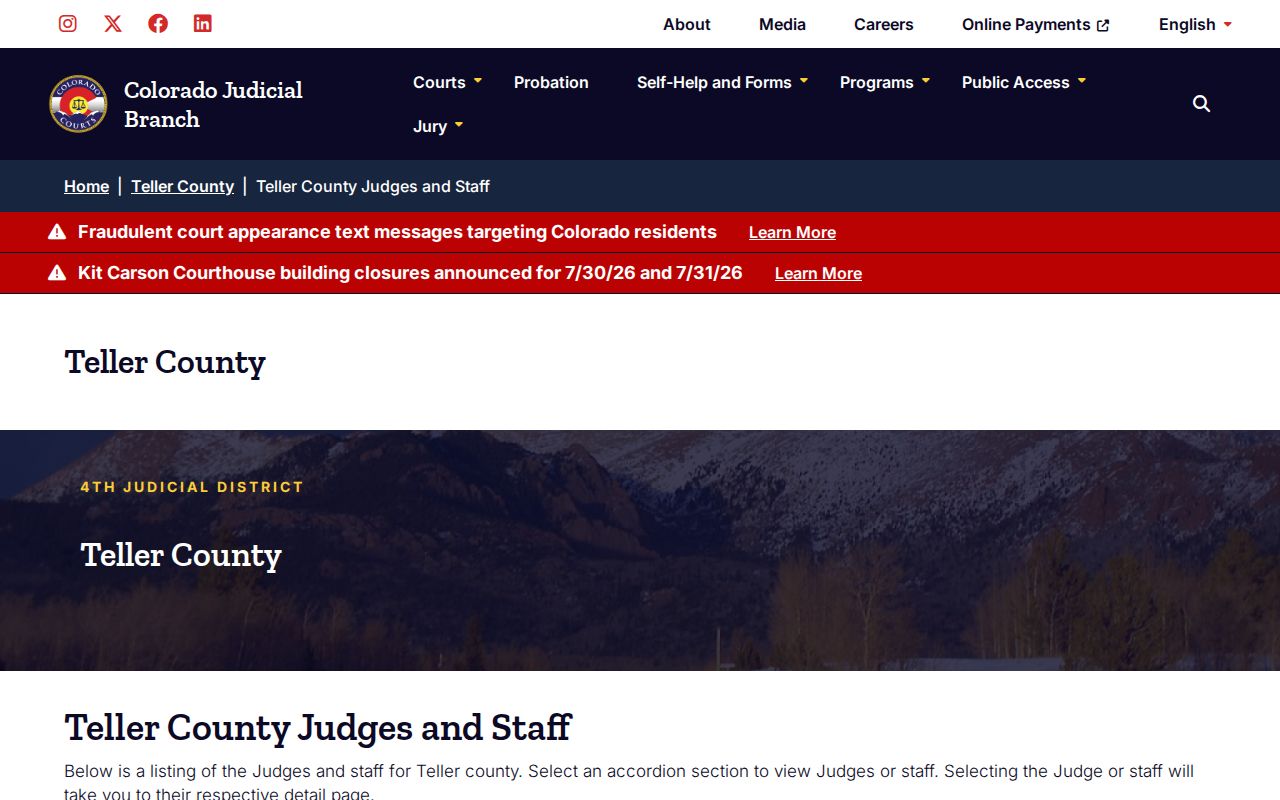 Teller County court records judges and staff page