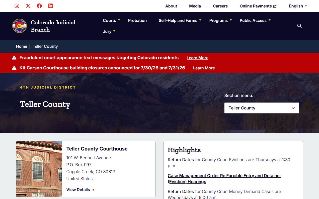 Teller County probate records court landing page
